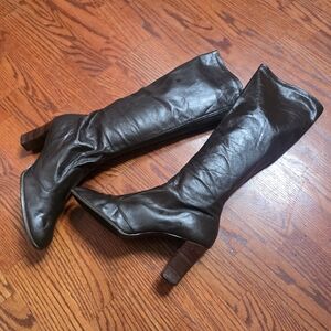 Vintage Sleek Dark Brown Leather Heel Knee High Boots